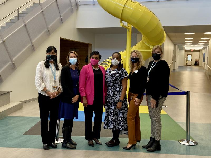 Joining the tour are (l-r) MES social worker Gloria Ho, MES Principal Clara Conn, NEA President Becky Pringle, DSEA President Stephanie Ingram, Cape Assistant Superintendent Jenny Nauman and Cape Supervisor of Elementary Education Amanda Archambault.